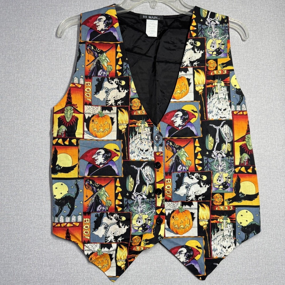 III Main Vest Mens Medium Black Halloween Novelty Print Button Front Costume